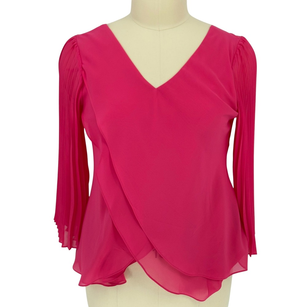 Hot in Hollywood Pleated Sleeve Wrap Blouse Pink Chiffon V-Neck XL